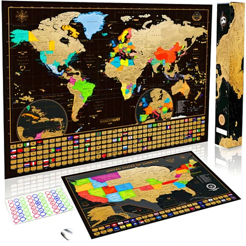 W WANDERLUST MAPS Two Scratch Off Maps - Map of the World (Large) + US States Map (Small) - Deluxe Scratch-Off Travel Posters for Adults, Kids - Made in Europe