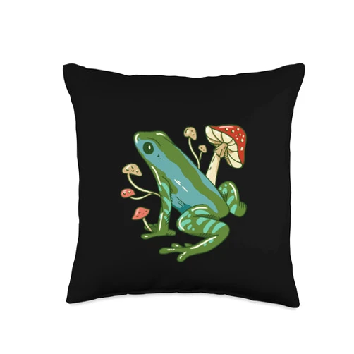 Frosch Amphibien, Comic Geschenke, lustige Sprüche Funny Green Frog with Mushrooms for Men Women Children Throw Pillow, 16x16, Multicolor