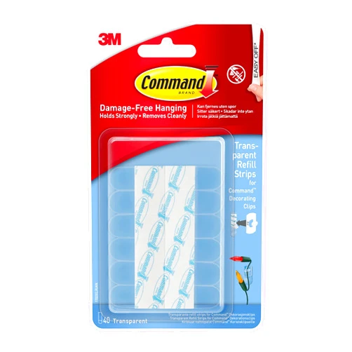 Command Mini Clear Refill Strips for Command Decorating Clips - 40 Adhesive Strips - Hanging Clips for Decorations and Fairy Lights - Damage Free Hanging