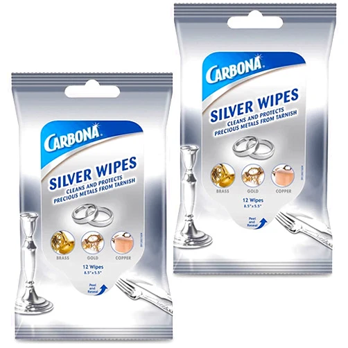 Carbona Silver Wipes | Metal Cleaner & Polish | 12 Wipes, 2 Pack