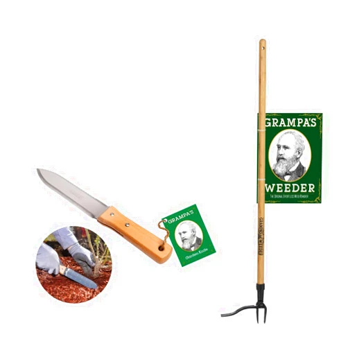 Grampa's Weeder & Garden Knife Bundle - Original Stand Up Weed Puller with Bamboo Handle & 4-Claw Steel Head + Versatile 7