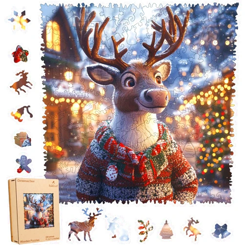 Ruikiyart Wooden Puzzles for Adults Christmas Deer Jigsaw Puzzles 200Pcs Unique Shapes Wood Puzzles Christmas Puzzles Fabulous Gift for Kids and Adults on Christmas 11.2x11.2 Inches