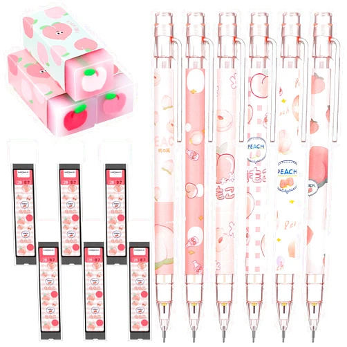 Sabary 15 Pcs Kawaii Mechanical Pencil Set First School Gift Pen Include Peach Mechanical Pencils with Tubes Pencil Refills Cute Juice Peach Eraser School Supplies for Sketching Architecture Drawing (0.7 MM)
