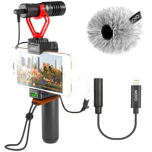 Movo Smartphone Video Rig with Shotgun Microphone, Grip Handle, Wrist Strap, and Lightning Dongle Compatible with iPhone 11, 11 Pro, XS, XR, X, 8, 7, 6S, 6, 5S, 5 and Android - for Vlogging, YouTube