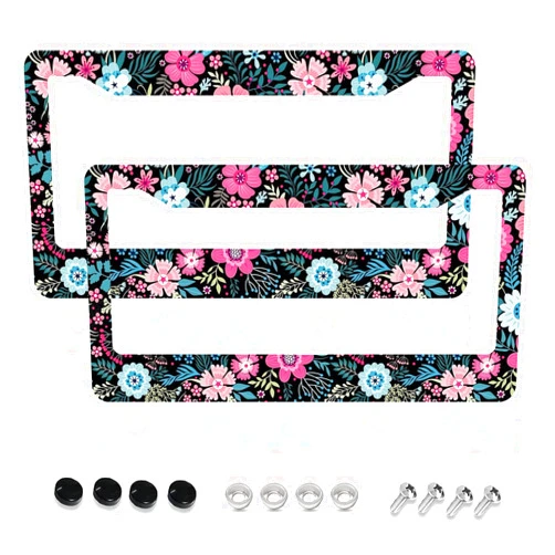 LBHGUJGUG Flower License Plate Frames,Car Accessories License Plate Cover Holders Aluminum Metal 2 Pcs Set 2 Holes with Screw Caps for US Standard Vehicles for Women Men-6.3