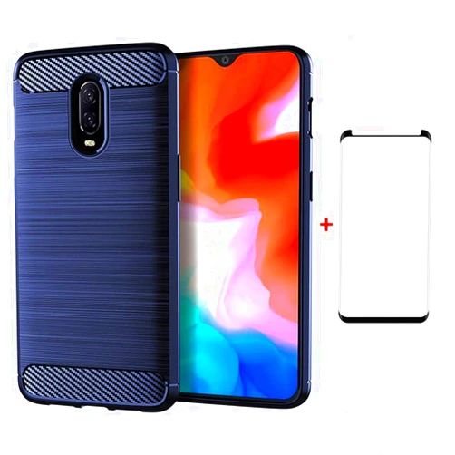 Asuwish Phone Case for OnePlus 6T with Tempered Glass Screen Protector Cover and Slim Thin Soft TPU Cell Accessories Protective OnePlus6T A6013 One Plus6T 1 Plus 1plus T6 Women Men Carbon Fiber Blue