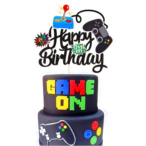 ZHUOWEISM 1 PCS Video Game Happy Birthday Cake Topper Glitter Video Game Cake Pick Game On Controllers GamePad Cake Decoration for Game Theme Baby Shower Kids Boys Girls Birthday Party Supplies Black