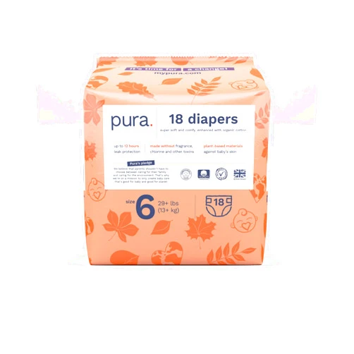 Pura Size 6 Eco-Friendly Diapers (29+ lbs) Totally Chlorine Free (TCF) Hypoallergenic, Soft Organic Cotton, Sustainable, up to 12 Hours Leak Protection, Allergy UK, 1 Packs of 18 Diapers