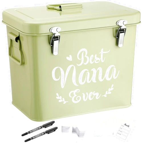 Tandefio Seed Storage Box Metal Seed Packet Organizer with Lid Decorative Container Box with Dividers 100 Plant Labels 50 Envelopes 2 Marker Pens(Grass Green, Nana)
