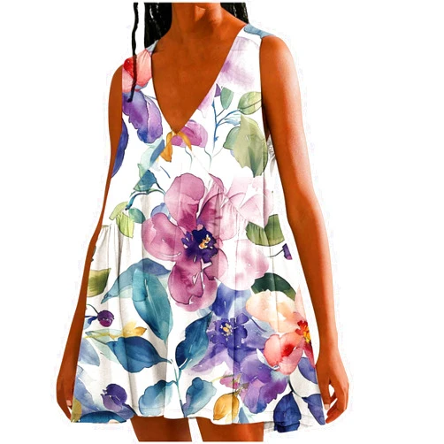SHOPESSA Casual Sleeveless Dress for Women Cute Floral Graphic Babydoll Dress V Neck Bohemian Mini Sundress Tea Dresses