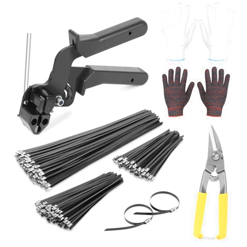 BethTie Stainless Steel Cable Tie Gun Set, with 300PCS Black Metal Zip Ties (100 Each of 6, 8, 11.8 Inch), Adjustable Fastening Cutting Tie Tool Sets for Fencing, Exhaust Pipes, Automotive