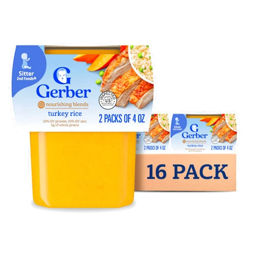 Gerber Baby Food 2nd Foods, Dinner, Turkey & Rice Puree, 4 Ounce Tubs, 2-Pack (Pack of 8)