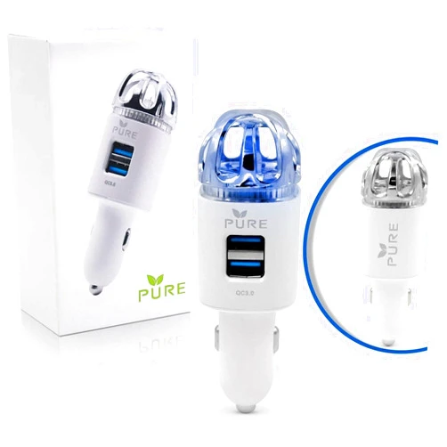 PURE Car Air Purifier 3in1 Premium Stainless Steel HEPA Filter Ionizer w/Dual USB Quick Charge 3.0 USB-Eliminate Allergens Odor Smell, Smoke, Pets, Pollen Mold Bacteria w/Anti-Microbial Deodorizer (White)