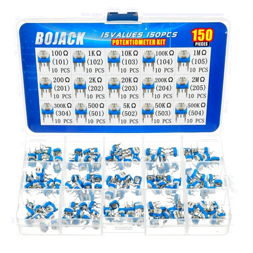 BOJACK 15 Values 150 pcs 100 Ohm- 2M Ohm Variable Resistor 6mm Potentiometer Assortment Kit packag in a Clear Plastic Box
