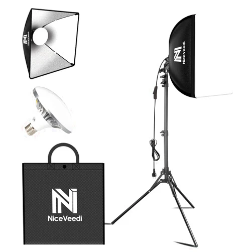 NiceVeedi Softbox Lighting Kit, NiceVeedi 16'' x 16'' Softbox Photography Lighting Kit with 63” Tripod Stand & 5400K 450W Equivalent LED Bulb, Continuous Lighting for Photography/Video Record/Live Streaming
