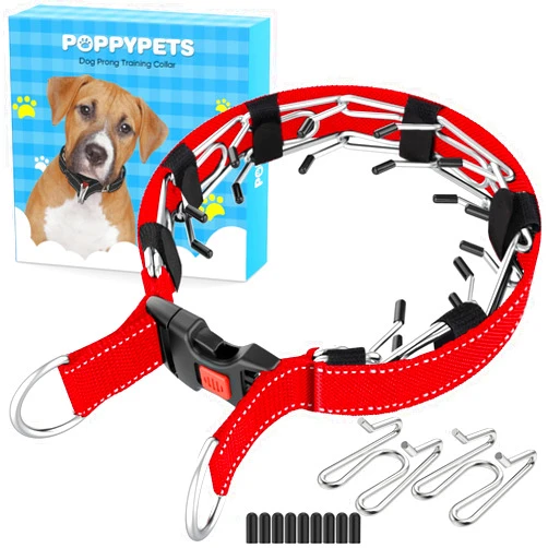 POPPYPETS Prong Dog Training Collar for Dogs with Rubber Tips, Stainless Steel Dog Collar for Large Dogs (Red, S)
