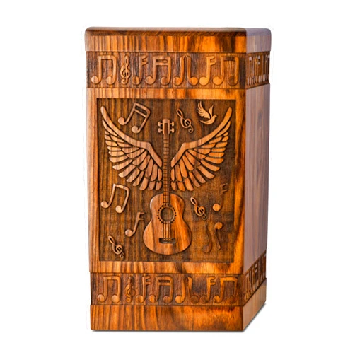 INTAJ Handcrafted Wooden Cremation Urn for Human Ashes - Guitar Wings of Angel with Musical Notes, 250lbs Capacity - Suitable for Burial for Men, Women, Mom, Dad - Decorative Funeral Urn Box and Casket