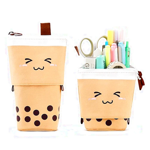 KPX Cute Standing Pencil Case for Kids, Pop Up Pencil Box Makeup Pouch, Christmas Gift Kids Corduroy Pen Holder Organizer Cosmetics Bag, Kawaii Stationary (Brown)