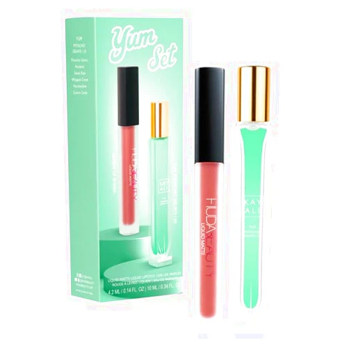 Huda Beauty Kayali Yum Gift Set - Pistachio Gelato | 33 Eau De Parfum Travel Size Spray (0.34 fl oz / 10 ml) and Matte Liquid Lipstick in Shade Queen of Sheba (0.14 fl oz / 4.2 ml)