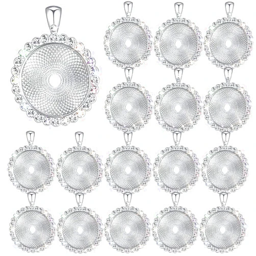 Hicarer 32 Pieces Rhinestone Bezel Pendant Trays Blanks Cabochon Pendant Setting DIY Trays for Crafts Jewelry Making Projects (Silver)
