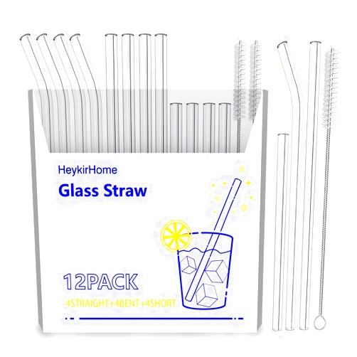 HeykirHome 12-Pack Reusable Glass Straws,4 Pack Straight 8''x10 MM+ 4 Pack Bent 8''x10 MM+4 Pack Short 5”x10 MM with 2 Cleaning Brush- Perfect For Smoothies, Tea, Juice