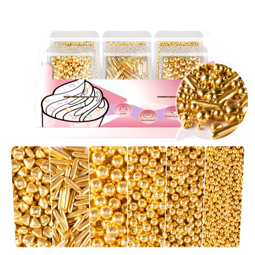 HUEBEATY 6-in-1 Metallic Gold Cake Sugar Pearls or Ball Sprinkles for Cake Cupcake Cookies Decorating & Baking | 180g/6.36oz | Gold Dragees for Wedding Birthday Cake Decorating & Decorations