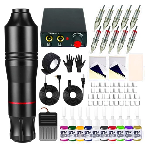 BLACKBUDDA Tattoo Kit, Rotary Tattoo Gun Kit with Power Supply, Foot Pedal & Pigment, 10pcs Cartridge Needles Semi Makeup Practice Kit for Tattoo Artists (Black)