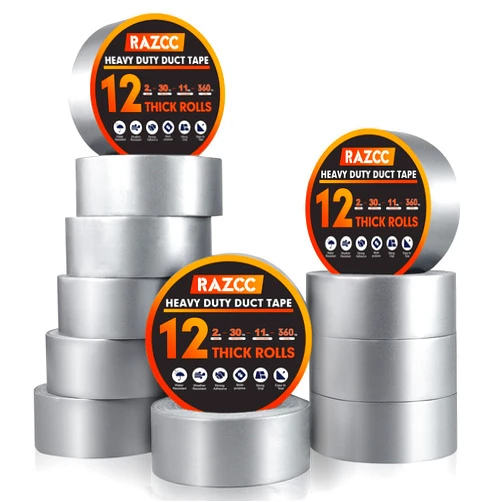 RAZCC Duct Tape, Silver Duct Tape, 12 Rolls - Heavy Duty, Flexible, No Residue, All-Weather and Tear by Hand, 30 Yard x 2 Inch Per Roll - Bulk Value for Indoor & Outdoor Repairs, Industrial Use