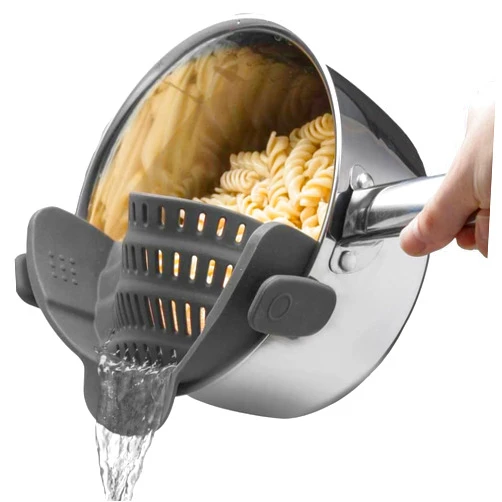 Kitchen Gizmo Snap N' Strain - Silicone Pasta Strainer Clip-On for Pots and Pans - Heat Resistant Colander for Vegetables and Noodles - Kitchen Gadgets for Cooking - Space-Saving Design - Grey