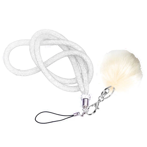 MOTIVE LIFE Lanyard with Pompom and Fishnet Tube Filled with Sparkly Rhinestones,Bling Strap for Phone,Camera,ID Badge and USB Key,Long-White