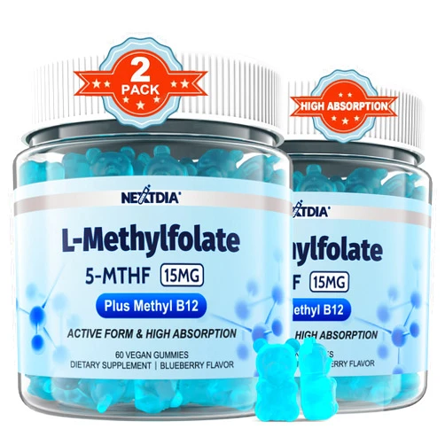 Nextdia L-MethylFolate 15mg & Methyl B12 Gummies, Methylated B1, B2, B6 Multivitamins - Active 5-MTHF & High Absorption - Supports MTHFR Gene, Cognition, Homocysteine Levels, Folate Metabolism, Vegan, 120 Cts
