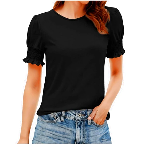 Generic Women's Short Sleeve Shirts Dressy Spring Summer Tops Elastic Ruffled Trim Trendy Tops Vacation Casual Work Blouses