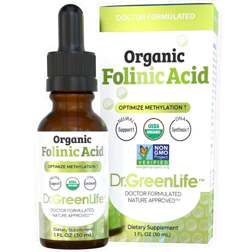 Dr. Green Mom Dr. Green Life USDA Organic Folinic Acid Drops - 500 mcg per Drop | Methylation Support B9 Supplements for Kids & Adults | Supports Neurological Function, Nervous System Health & DNA Synthesis