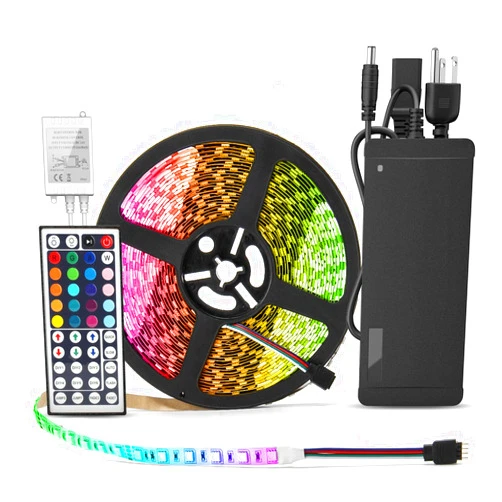BINZET Flexible LED Strip Light - 32.8 Ft 5050 RGB 300LEDs Non-waterproof Color Changing Full Kit with 44 Keys IR Remote Controller 24V 3A Power Supply for Holiday Party Decoration