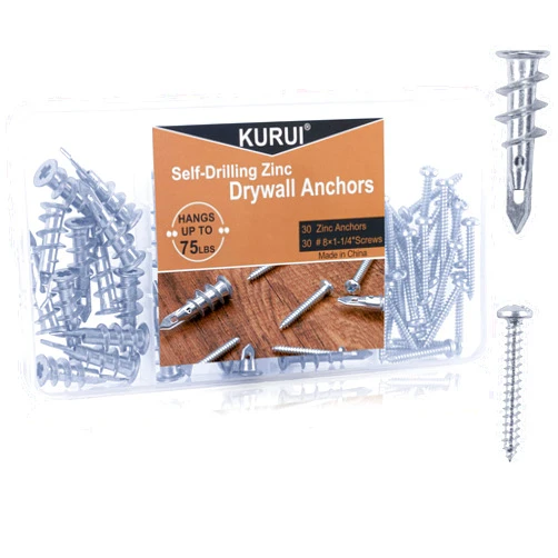 KURUI #8 Zinc Self-Drilling Drywall Anchors, 60PCs Hollow Metal Wall Anchors and Screws Kit, 30 Heavy Duty Anchors + 30#8 x 1-1/4'' Screws, 75LB Hanging and Mounting