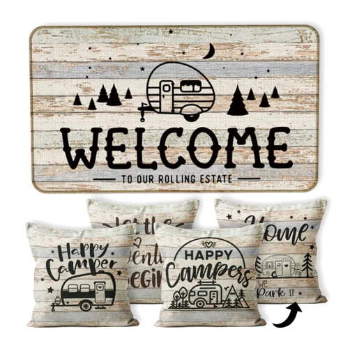 M-Qizi Camper Decor 3 Pieces Set - Camper Gifts, 1 * 30''x17'' RV Door Mat, 2 * 18x18 Camper Pillows Cover, RV Decor - Happy Camper Let The Adventure Begin