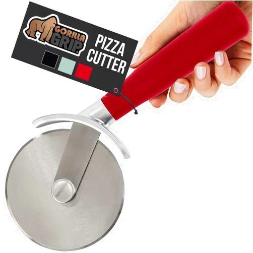 Gorilla Grip Patented Large Pizza Cutter Wheel, 9 Inch, Rust Resistant Sharp Stainless Steel Blade, Comfort Handle, Thumb Guard Protection, Slice Thick or Thin Pizzas, Pie, Pastries in Seconds, Red