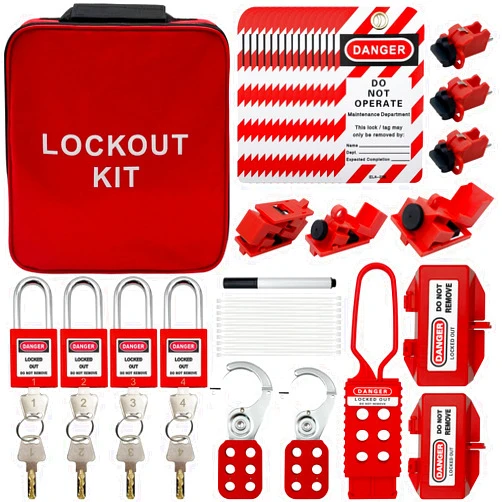 SAFBY Lockout Tagout Kit Electrical Loto - Clamp-On Circuit Breaker Lockout, Group Lockout Hasps, Lockout Tag, Universal Multi- Pole Breaker with Pocket Bag (Bigger Red Kit)