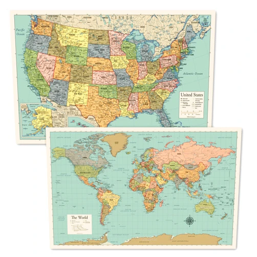 Palace Learning 2 Pack - World Map Poster & USA Map Chart [Tan/Color] (LAMINATED, 18” x 29”)