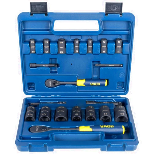 VACO VAC4202 20-Piece 2-in-1 Impact Flip Socket Set with Case, Adapters, Ratchet, 14 Sockets, 28 SAE and Metric Sizes for 1/4 and 3/8-Inch Drives