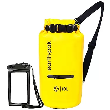 Earth Pak- Waterproof Dry Bag with Front Zippered Pocket Keeps Gear Dry for Kayaking, Beach, Rafting, Boating, Hiking, Camping and Fishing with Waterproof Phone Case Yellow 10L