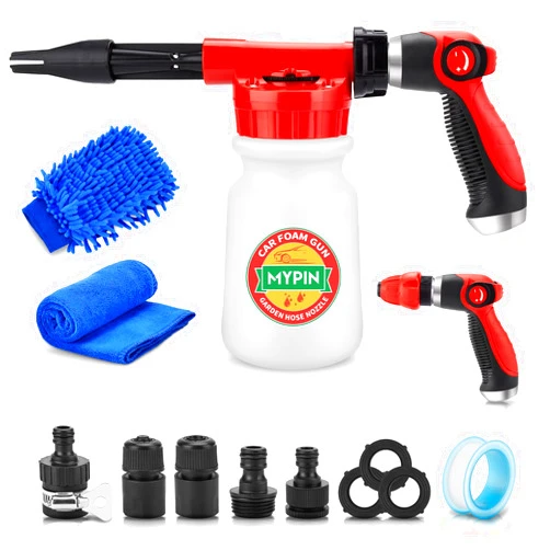 MYPIN Car Wash Foam Gun/Hose Sprayer, 16 IN 1 Cannon, Adjustable with 2.5-6 Ratio Dial Foam Blaster, 1L Bottle, Nozzles, Mitten, 1/2” Quick Connector for Garden Hose, for Car/Garden Cleaning