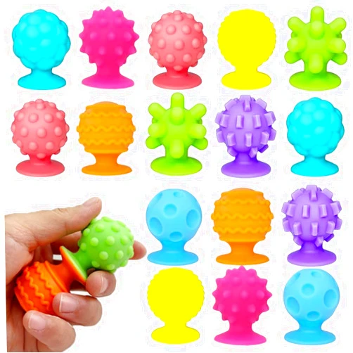 BOBOLUNA Silicone Sensory Squeeze Toy,16 Pcs Textured Sensory Toys Powerful Suction Cups Stress Relief Relaxation Bath Toys for Adults Kids Random Color