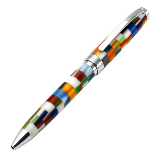 Xezo Urbanite II Twist Action Ballpoint Pen, Medium Point. Jazzy Multicolor Checkered Acrylic on Brass. Chrome Plated. Handcrafted, Limited Edition, Serialized