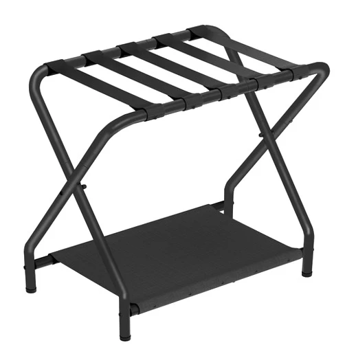 HOOBRO Luggage Rack, Folding Suitcase Stand with Fabric Storage Shelf for Guest Room, Bedroom, Hotel, Holds up to 100 lb, 27 x 15.3 x 22 Inches, Space Saving, Black BK04XL01