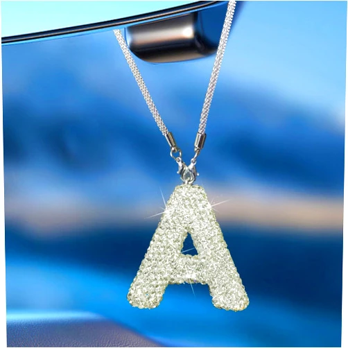 Hitluste Bling Car Letter Charm, Rear View Mirror Ornament Cute Hanging Crystal Pendant Bling Car Accessories, Lucky Diamond Rhinestone Women Charm Auto Decoration (White A)