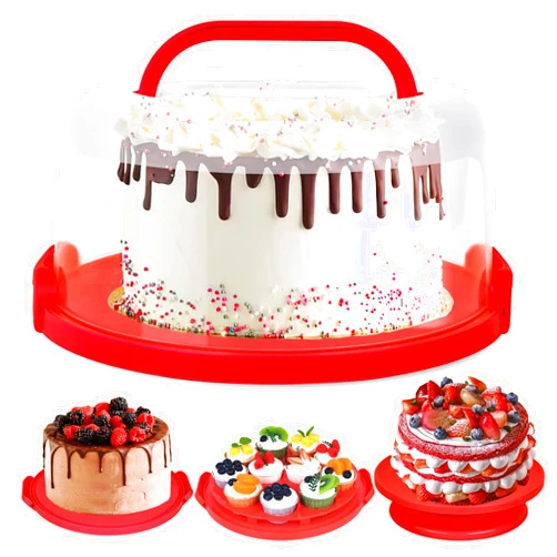 JOHOUSE Cake Carrier with Lid and Handle, 12 inch Red Round Cake Holder Cupcake Container for 11 Cupcakes 2 in 1 Portable Cake Transport Container for Cake Pie Muffin PizzaCobbler