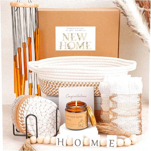 Pengtai House Warming Gifts New Home | 8 Pcs New House Essentials | Housewarming Gifts Basket with Coasters, Personalized Gift Ideas Basket with Wind Chime, Realtors Closing Gifts for Home Buyers