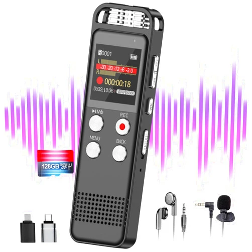 Elasound 128GB Digital Voice Recorder with 9800 Hours Recording Capacity - Elasound Audio Noise Reduction, Sound Tape Recorder with Playback, Clip-on Mic Dictaphone for Meeting, Lecture (Black)