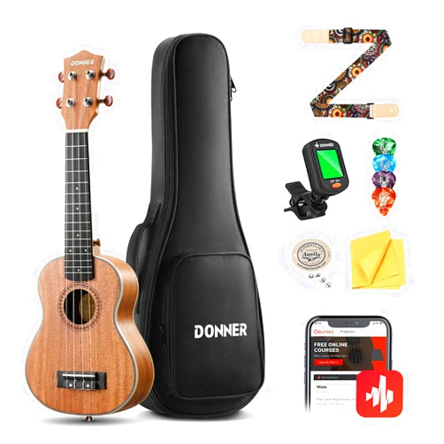 Donner Concert Ukulele Beginner Kit 23 inch Ukelele Mahogany Wood with Free Online Lesson Gig Bag Strap Nylon String Tuner Picks Ukalalee Yukalalee Bundle Pack DUC-200
